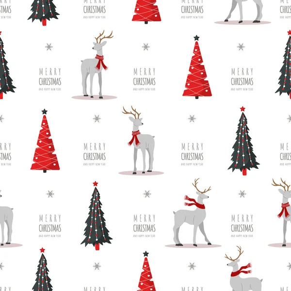 Christmas pattern with reindeers and trees. Cute deers with antlers and scarves. Winter print. New Year seamless background. Vector illustration in flat cartoon style — Stock Vector