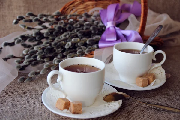 Två koppar te och socker. — Stockfoto