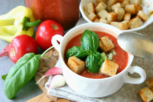 Um prato de gaspacho com croutons . — Fotografia de Stock