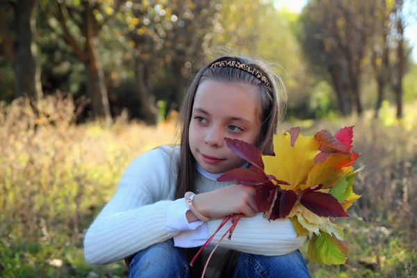 Ritratto di ragazza con i capelli lunghi e un mazzo di foglie autunnali — Foto Stock