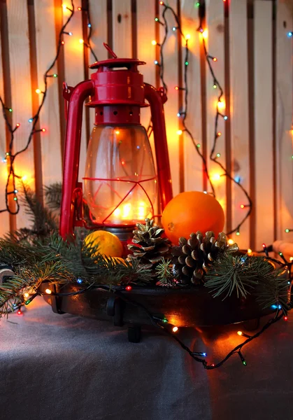 Still life with lantern en kerstboom takken — Stockfoto