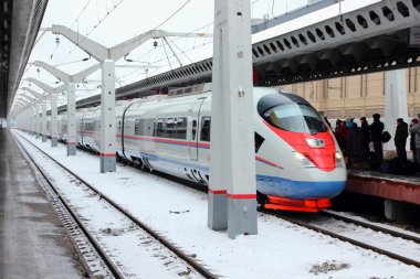 Moskova tren istasyonu, Rusya, St. Petersburg için platform hızlı trende 29 Ocak 2015 gelen