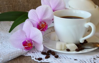Bir fincan kahve ve dal orkide