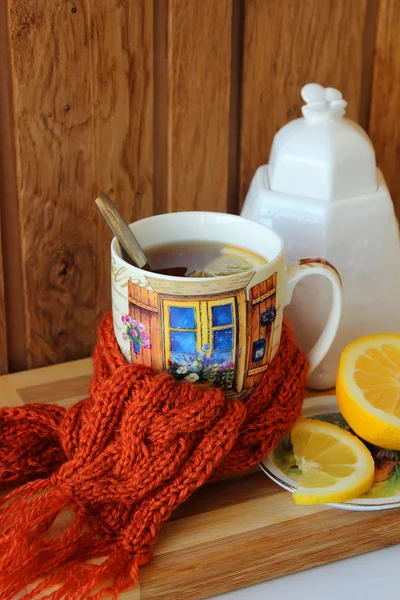 Tasse de thé chauffante, attachée avec une écharpe — Photo