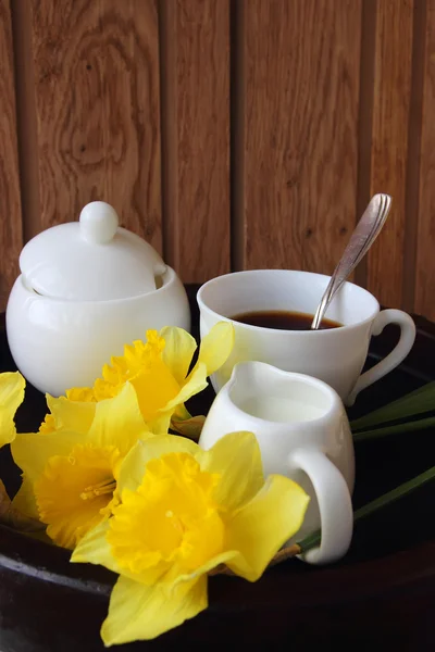 Kopp kaffe, mjölk och påskliljor — Stockfoto