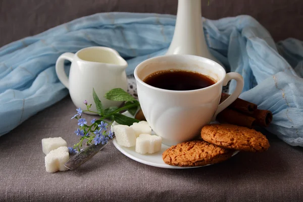 En kopp kaffe, vårblommor och havremjöl kakor — Stockfoto