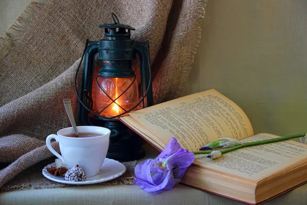 Tazza di tè, lanterna, libro e iride floreale — Foto Stock