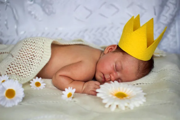 Pequeno bebê dormindo em sua pequena cama — Fotografia de Stock