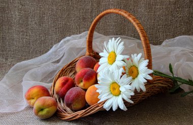 Basket with ripe peaches and bunch of daisies