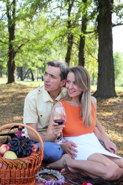 Kucaklama piknik üzerinde oturan genç bir çift.