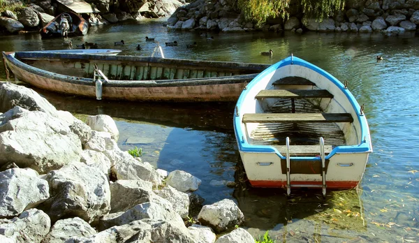 Boote, die regungslos am Ufer des Sees stehen. — Stockfoto