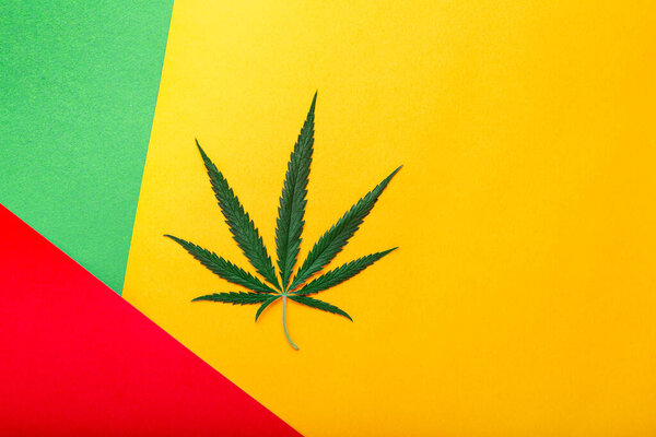 Weed ganja green hemp leaf on rastaman flag, red green yellow background. Cannabis leaf. Weed legalize smoking drug concept. Top view. Medical marijuana plant Cannabis Sativa