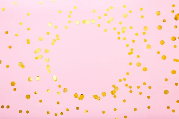 Gold Confetti Sparkles Frame Pink Background Flat Lay Top View — Stock Photo, Image