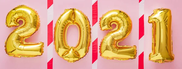 2021 Year Gold Balloons Warning Tape Pink Background Keeping Social — Stock Photo, Image
