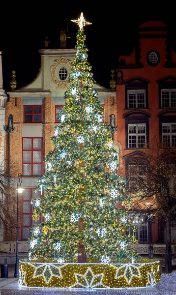 Arbre de Noël sur la place principale de la ville européenne. Grand arbre de Noël traditionnel élégant la nuit au marché de Noël en arrière-plan des maisons d'Europe. — Photo