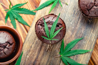 Cooking baking chocolate weed muffins. Cupcake with marijuana. Chocolate cupcake muffins with cannabis weed cbd. Medical marijuana hemp drugs in food dessert, ganja legalization. Top view. clipart