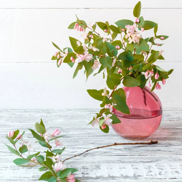 Blooming spring branches of flowers in glass pink vase on wooden vintage white background with copy space. Elegant home spring flower decor, twig flower bouquet square.