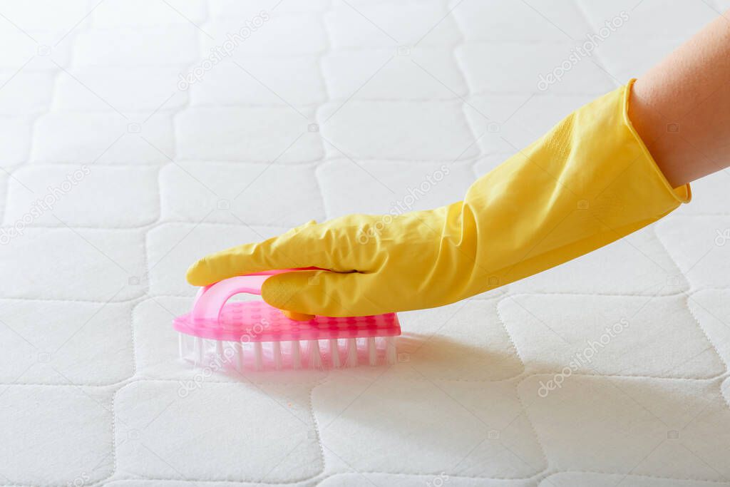 Cleaning company Employee hand cleans surface of mattress on bed with brush. Cleaning disinfection surfaces. Hand in glove do Mattress chemical cleaning