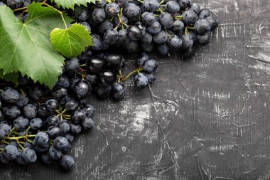 Siyah üzümlü besin. Eskimiş koyu beton arka planda siyah sulu üzümler. Siyah aşınmış arkaplanda metin ya da menü için boşluk kopyala. Üzüm meyvelerinden yapılmış çerçeve sınırı metin için yer ile