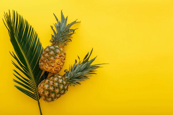 Piñas y hojas de palma sobre fondo veraniego de color amarillo. Piñas tropicales de verano frutas planas composición laica con espacio de copia — Foto de Stock