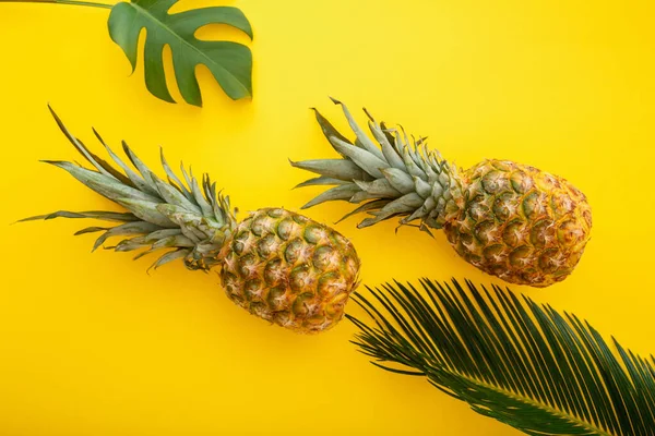 Piñas y hojas de palma sobre fondo veraniego de color amarillo. Piñas tropicales de verano frutas planas composición laica. — Foto de Stock