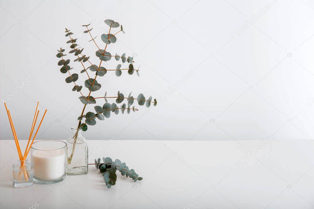 Aromatic home perfume sticks, air freshener candle and bouquet of eucalyptus branches in vase against white wall on table. Home Interior comfort element and aromatherapy with copy space.