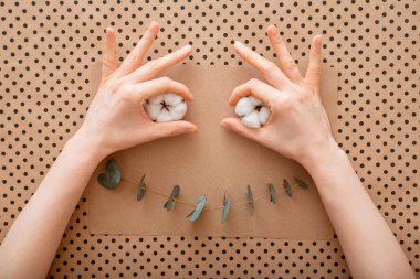 Okaliptüs ve pamuk çiçeklerinden yapılmış komik bir el çizimi. Dişi eli olan namlu ağzı ustası. Gülümse, mutluluk çiçeklerin yaratıcı sanat planından oluşur. Üst görünüm