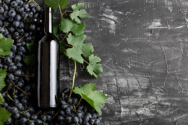 Kırmızı şarap şişesi, siyah üzümler, yapraklı üzümler ve asmalı koyu kırsal beton arka planda fotokopi alanı. Düz şarap kompozisyonu siyah taş tebeşir masa üzerinde yatıyordu.