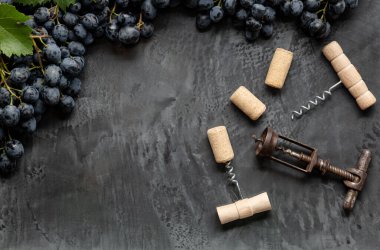 Koyu beton zemin üzerinde açık şarap mantarları olan birçok farklı tirbuşon kopya alanı olan siyah üzümlerden yapılmış çerçeveler. Şarap mahsulü degustation şarabı. Şarap barı ya da restoran.