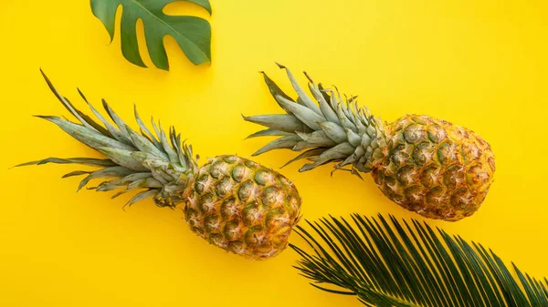 Sarı renkli yaz arka planında ananas ve palmiye yaprakları. Tropik yaz ananasları beste yapar. Uzun web pankartı