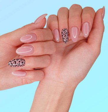 İzole edilmiş arka planı olan leopar desenli güzel pembe manikür. Uzun yuvarlak tırnaklı ve pembe jöleli kadın parmakları.