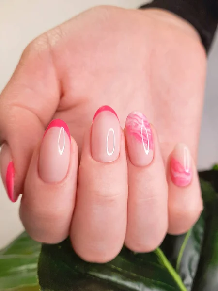 漂亮的粉红法国美发与抽象的设计 绿叶背景上有漂亮的长指甲的女人的手指 — 图库照片