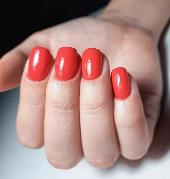 亮红色的凝胶抛光在短方形钉子上 漂亮的手和红色的指甲 — 图库照片