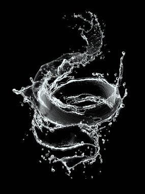 Bir tutam beyaz su. Siyah arka planda su sıçraması olan bir spiral.