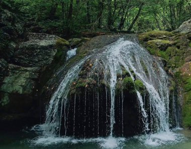 Ormandaki şelale. Su taştan her yönden akıyor..