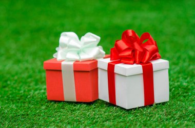 Hediyeler ve tebrikler Konu: yaz aylarında yeşil çim üzerinde yalan hediyeler ile iki güzel kutu