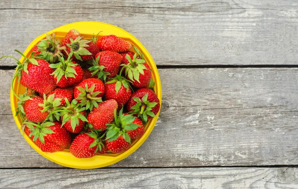 Tema de las bayas de verano: Fresas rojas maduras tumbadas en un plato amarillo sobre una pila de mesa de madera gris en el jardín, vista desde arriba — Foto de Stock