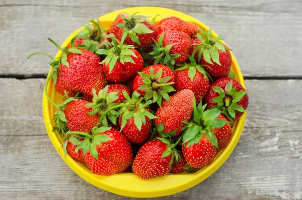 Summer berries topic: Ripe red strawberries lying in a yellow plate on a pile of gray wooden table in the garden, view from above