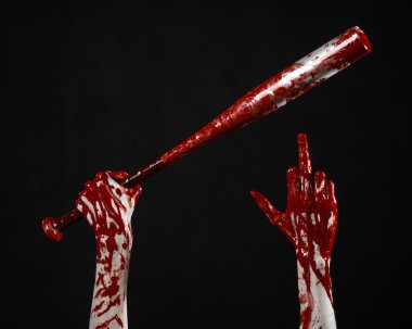 bloody hand holding a baseball bat, a bloody baseball bat, bat, blood sport, killer, zombies, halloween theme, isolated, black background. clipart