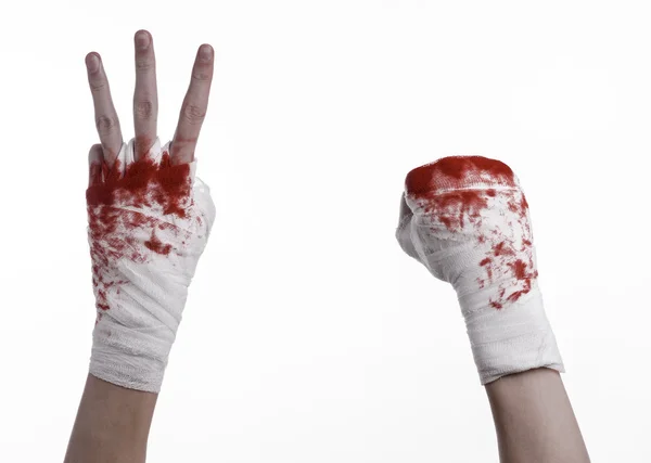 Shook his bloody hand in a bandage, bloody bandage, fight club, street fight, violence, bloody theme, black background, isolated, bloody fists, boxer, tied his hands with a bandage, white background — Stock Photo, Image