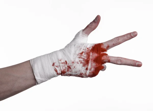 Shook his bloody hand in a bandage, bloody bandage, fight club, street fight, violence, bloody theme, black background, isolated, bloody fists, boxer, tied his hands with a bandage, white background — Stock Photo, Image