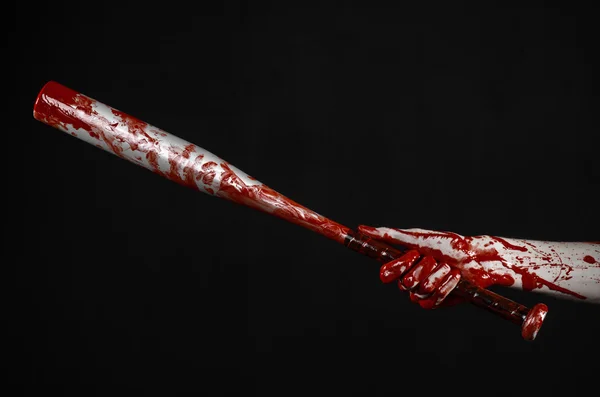 Bloody hand holding a baseball bat, a bloody baseball bat, bat, blood sport, killer, zombies, halloween theme, isolated, black background. — Stock Photo, Image