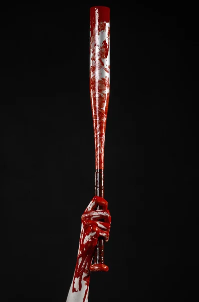 Bloody hand holding a baseball bat, a bloody baseball bat, bat, blood sport, killer, zombies, halloween theme, isolated, black background. — Stock Photo, Image