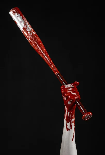 Bloody hand holding a baseball bat, a bloody baseball bat, bat, blood sport, killer, zombies, halloween theme, isolated, black background. — Stock Photo, Image