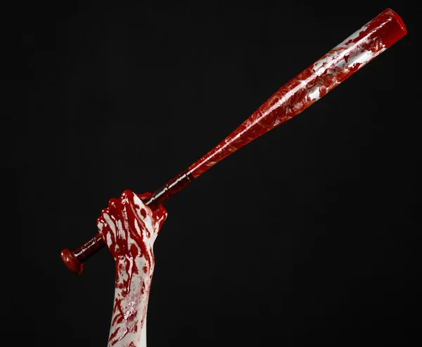 Bloody hand holding a baseball bat, a bloody baseball bat, bat, blood sport, killer, zombies, halloween theme, isolated, black background. — Stock Photo, Image