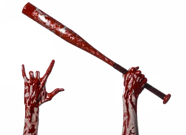 Bloody hand holding a baseball bat, a bloody baseball bat, bat, blood sport, killer, zombies, halloween theme, isolated, white background. — Stock Photo, Image