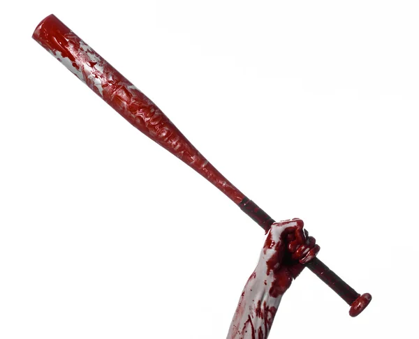 Bloody hand holding a baseball bat, a bloody baseball bat, bat, blood sport, killer, zombies, halloween theme, isolated, white background. — Stock Photo, Image