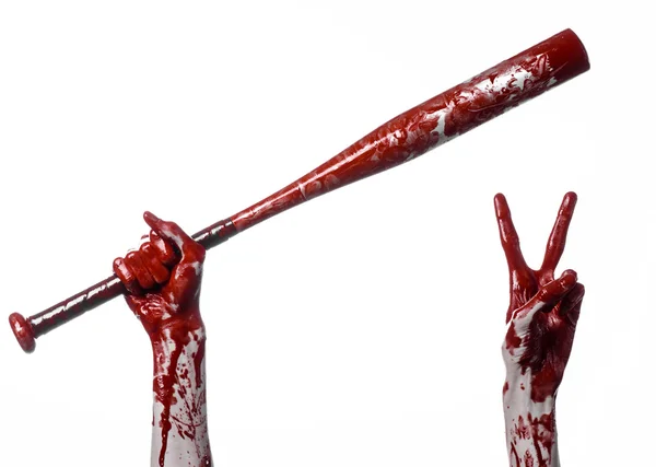 Bloody hand holding a baseball bat, a bloody baseball bat, bat, blood sport, killer, zombies, halloween theme, isolated, white background. — Stock Photo, Image