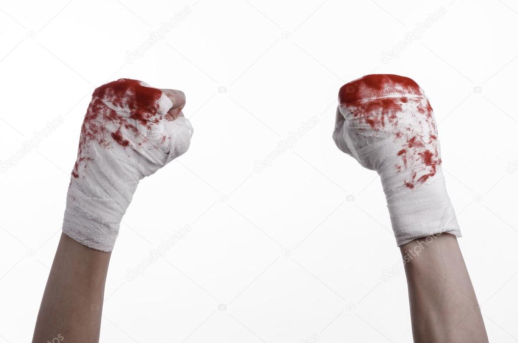 shook his bloody hand in a bandage, bloody bandage, fight club, street fight, violence, bloody theme, black background, isolated, bloody fists, boxer, tied his hands with a bandage, white background