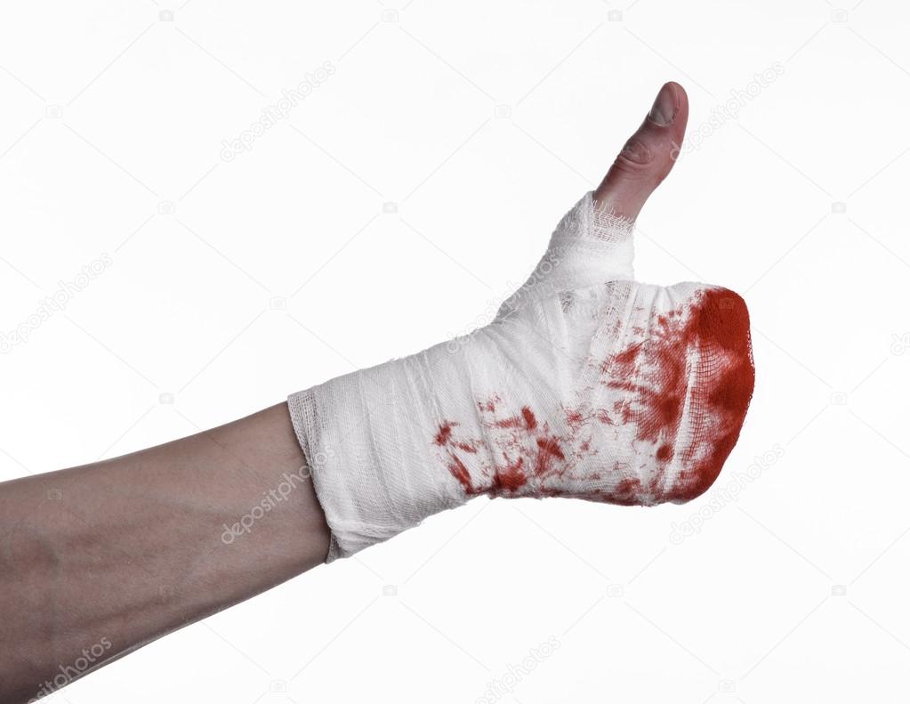 shook his bloody hand in a bandage, bloody bandage, fight club, street fight, violence, bloody theme, black background, isolated, bloody fists, boxer, tied his hands with a bandage, white background
